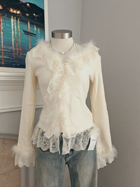 Ivory Lace & Feather Trim Cardigan( Brand New)